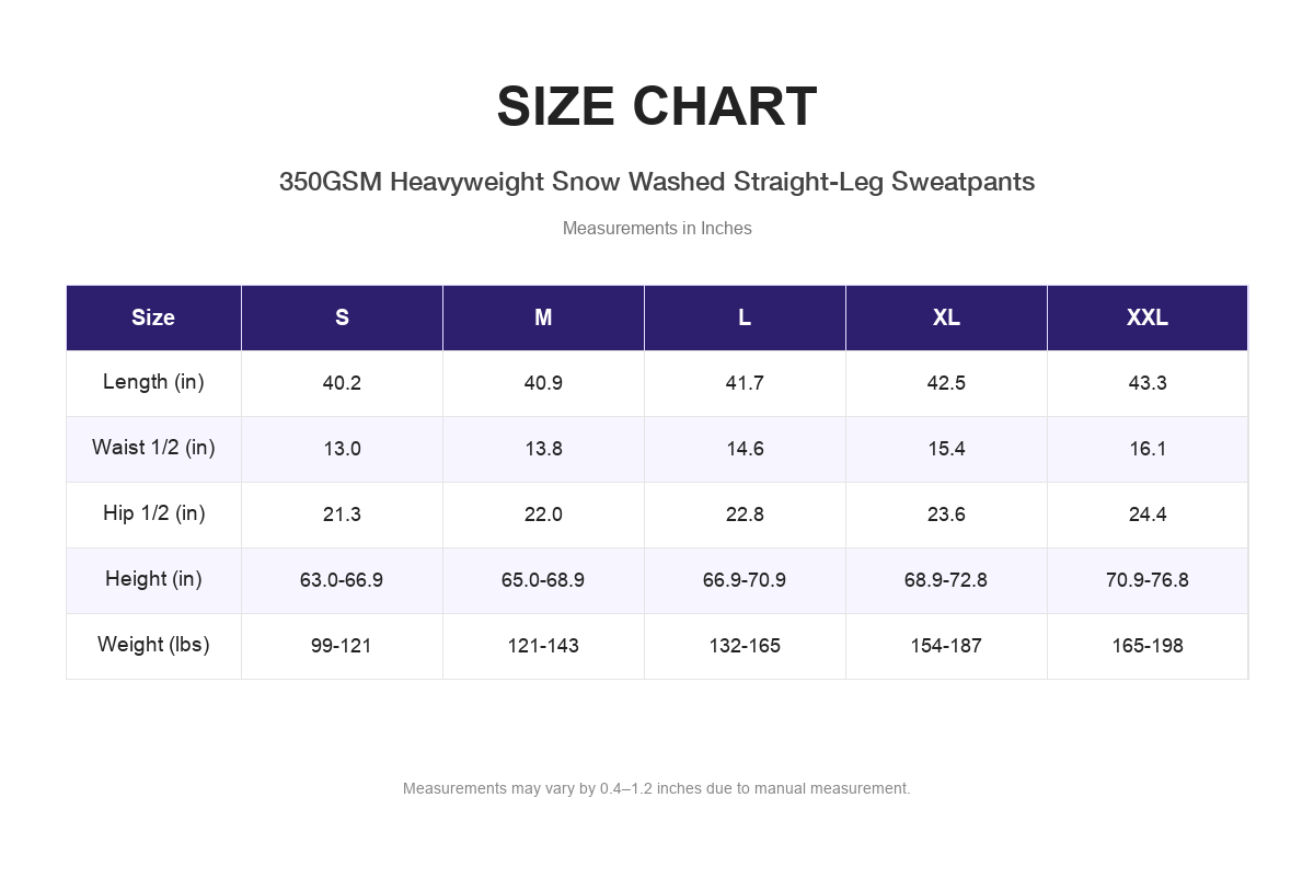 Size chart for 350GSM Heavyweight Snow Washed Straight-Leg Sweatpants (measurements in inches)