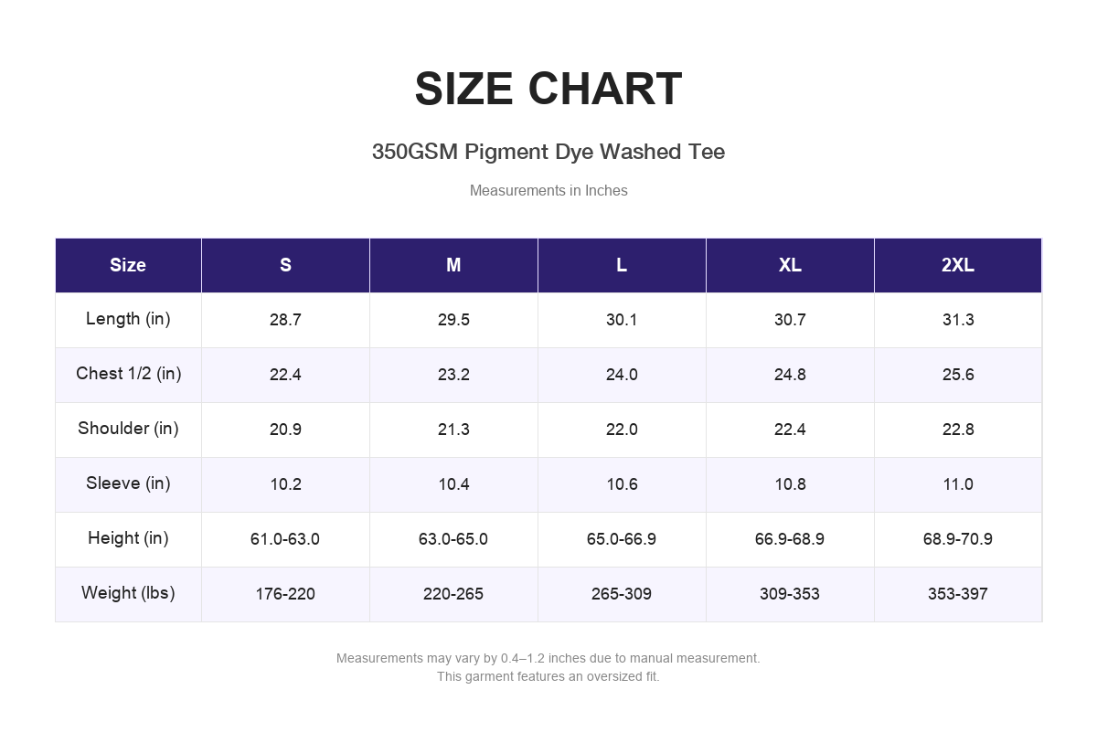 Size chart for 350GSM Pigment Dye Washed Tee (measurements in inches)