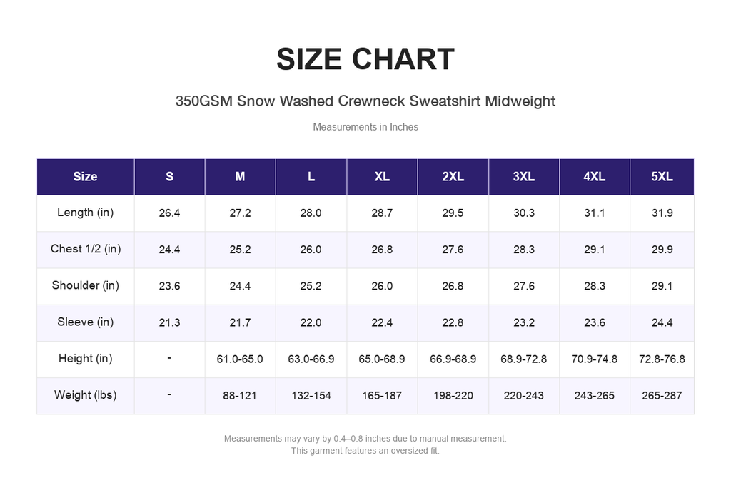Size chart for 350GSM Snow Washed Crewneck Sweatshirt Midweight (measurements in inches)