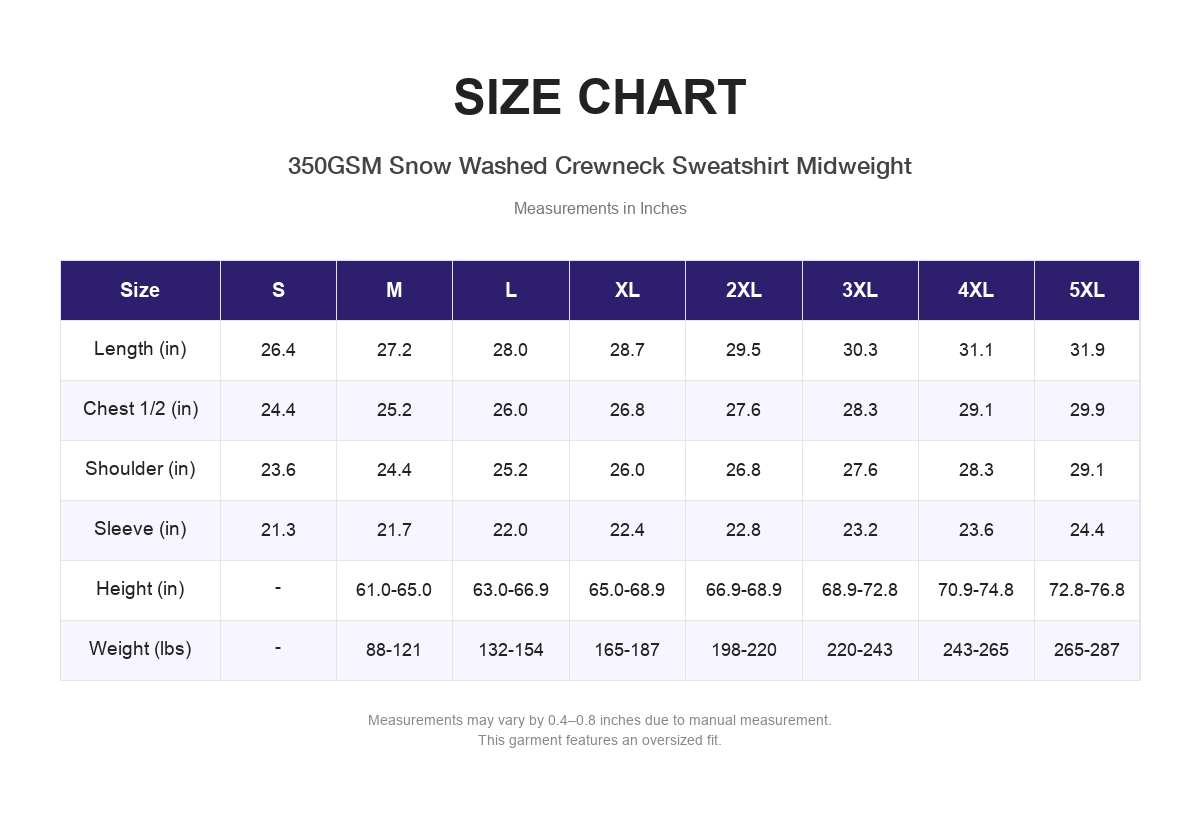 Size chart for 350GSM Snow Washed Crewneck Sweatshirt Midweight (measurements in inches)