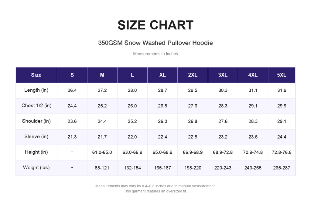 Size chart for 350GSM Snow Washed Pullover Hoodie (measurements in inches)