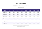 Size chart for 350GSM Snow Washed Pullover Hoodie (measurements in inches)
