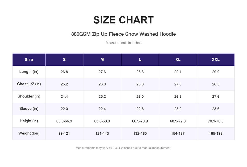 Size chart for 380GSM Zip Up Fleece Snow Washed Hoodie (measurements in inches)