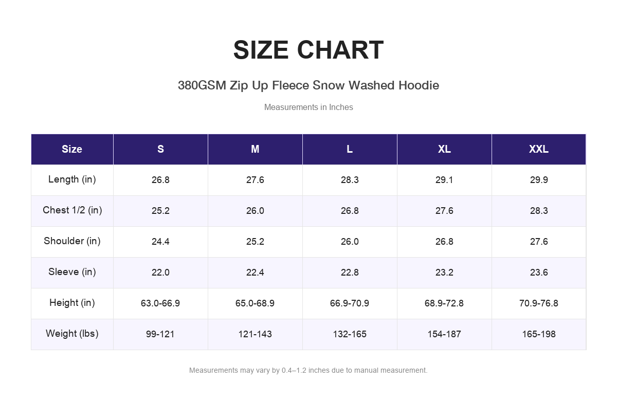 Size chart for 380GSM Zip Up Fleece Snow Washed Hoodie (measurements in inches)
