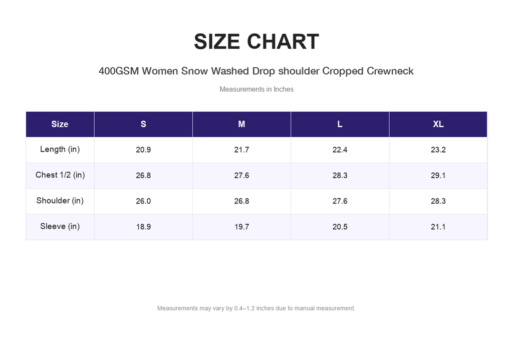 Size chart for 400GSM Women Snow Washed Drop shoulder Cropped Crewneck (measurements in inches)