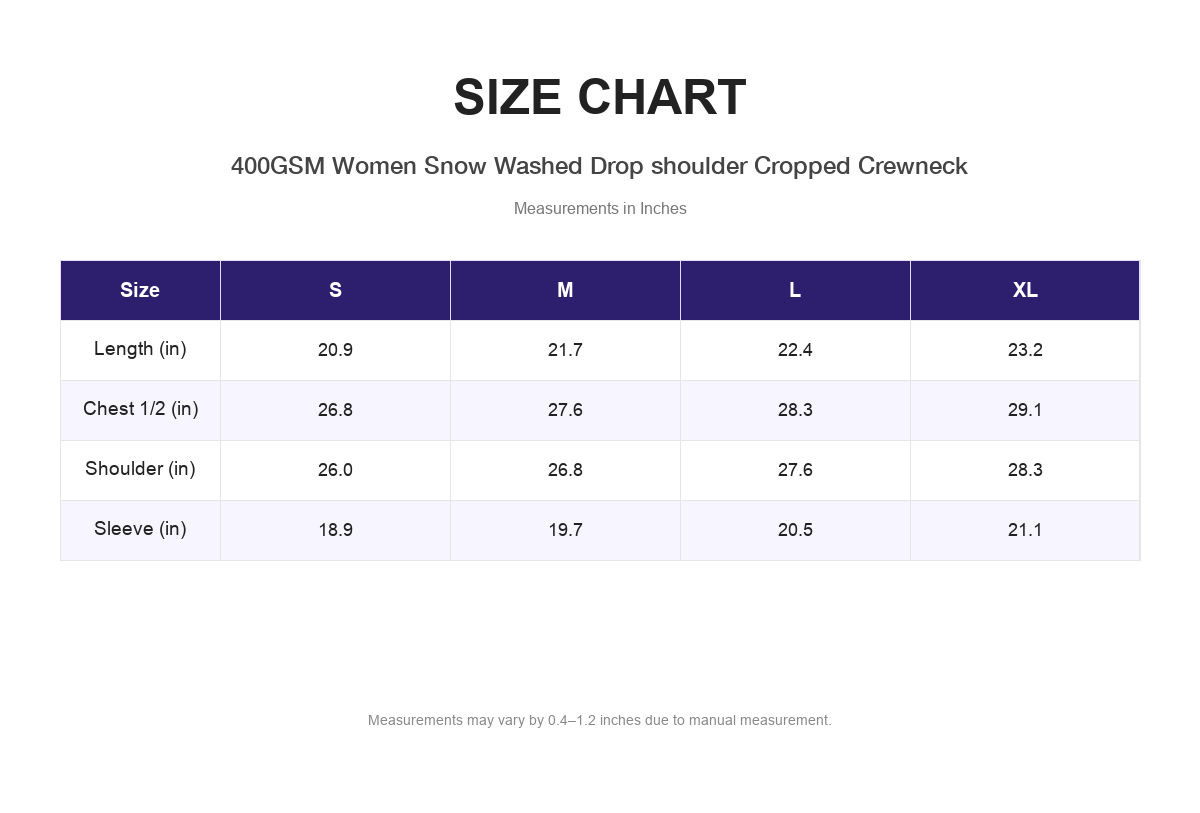 Size chart for 400GSM Women Snow Washed Drop shoulder Cropped Crewneck (measurements in inches)