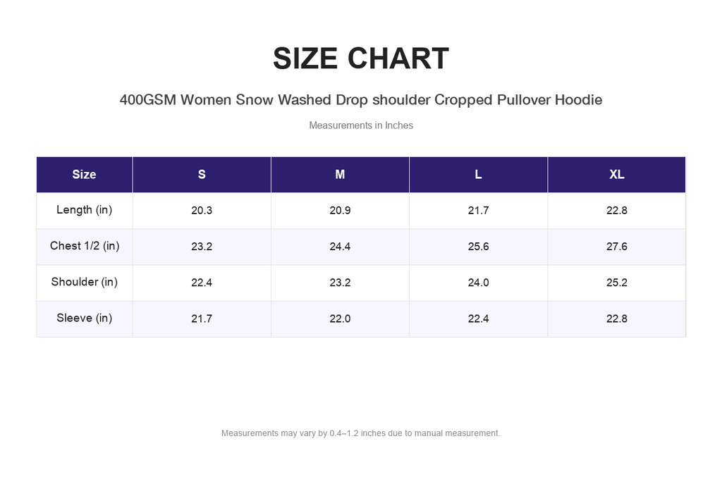 Size chart for 400GSM Women Snow Washed Drop shoulder Cropped Pullover Hoodie (measurements in inches)