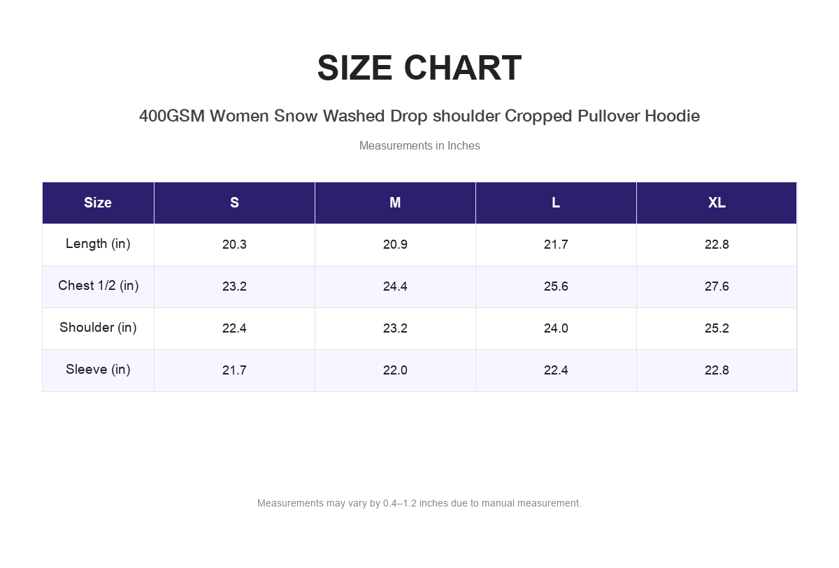Size chart for 400GSM Women Snow Washed Drop shoulder Cropped Pullover Hoodie (measurements in inches)
