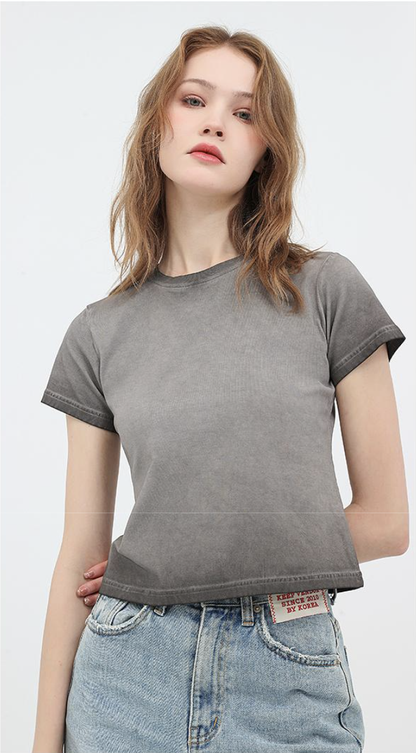 240GSM Women Distressed Dual-color Washed Cropped Tee