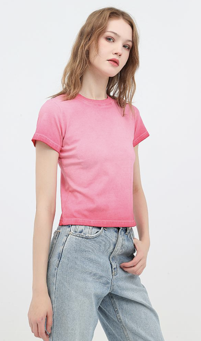 240GSM Women Distressed Ombre Washed Cropped Tee - Pink - Model View