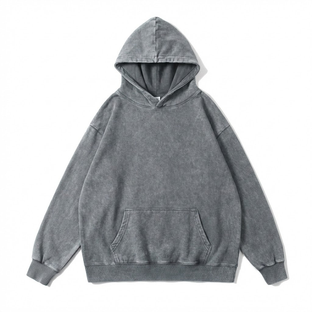 350GSM Snow Washed Pullover Hoodie - Gray - Front View