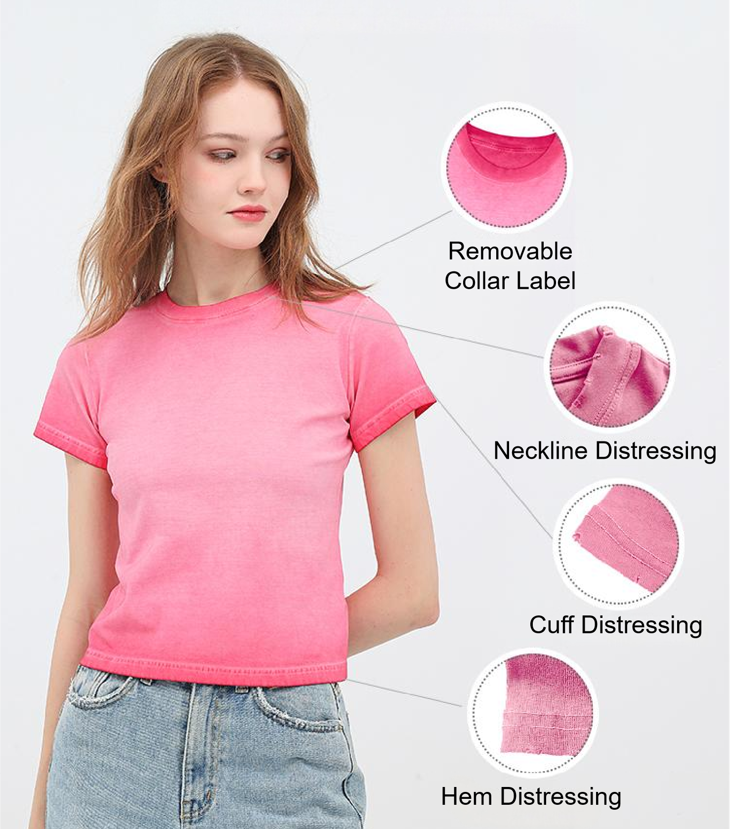 240GSM Women Distressed Ombre Washed Cropped Tee - Neckline, Cuff and Hem Distressing - Detail View