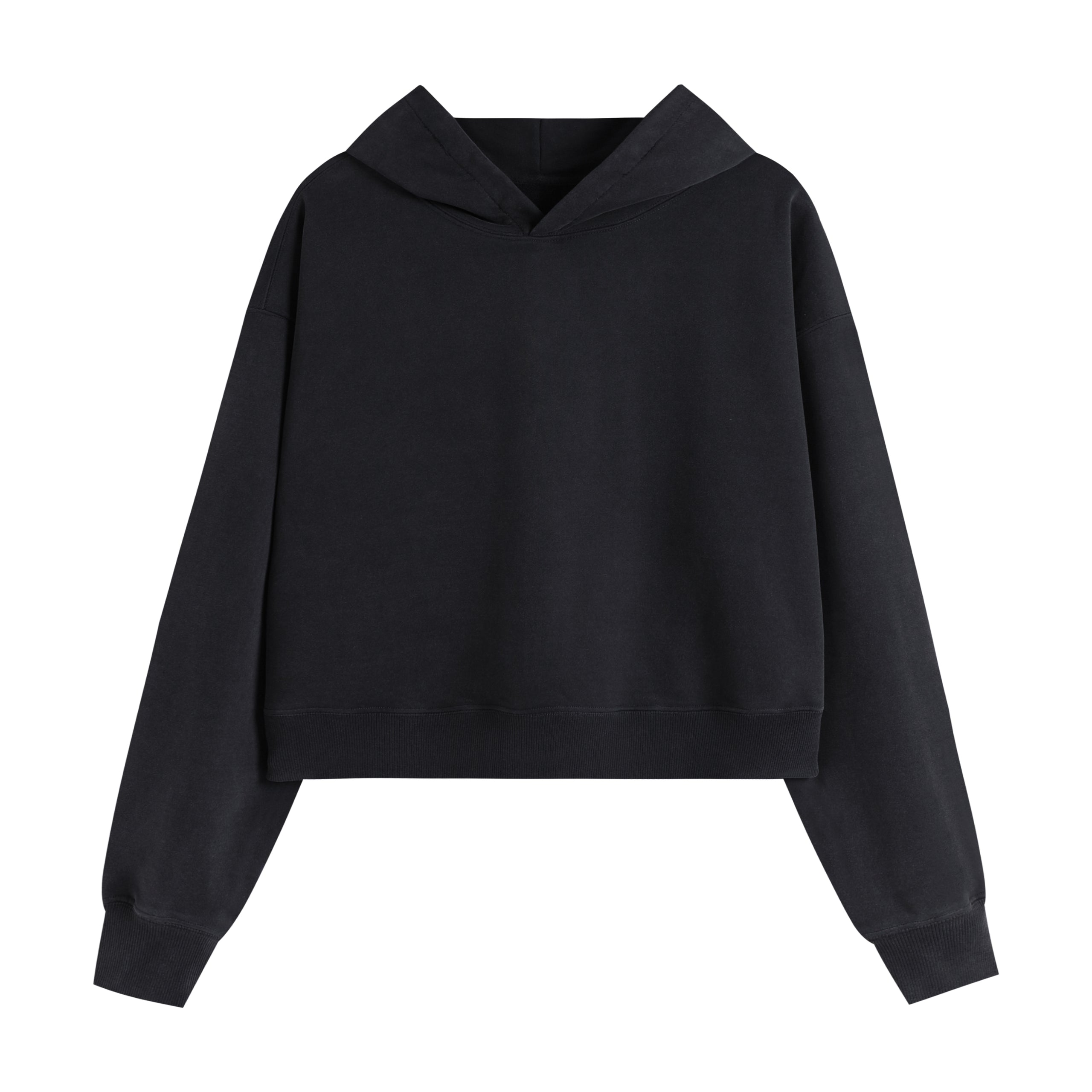 400GSM Women Snow Washed Drop shoulder Cropped Pullover Hoodie - Black - Front View