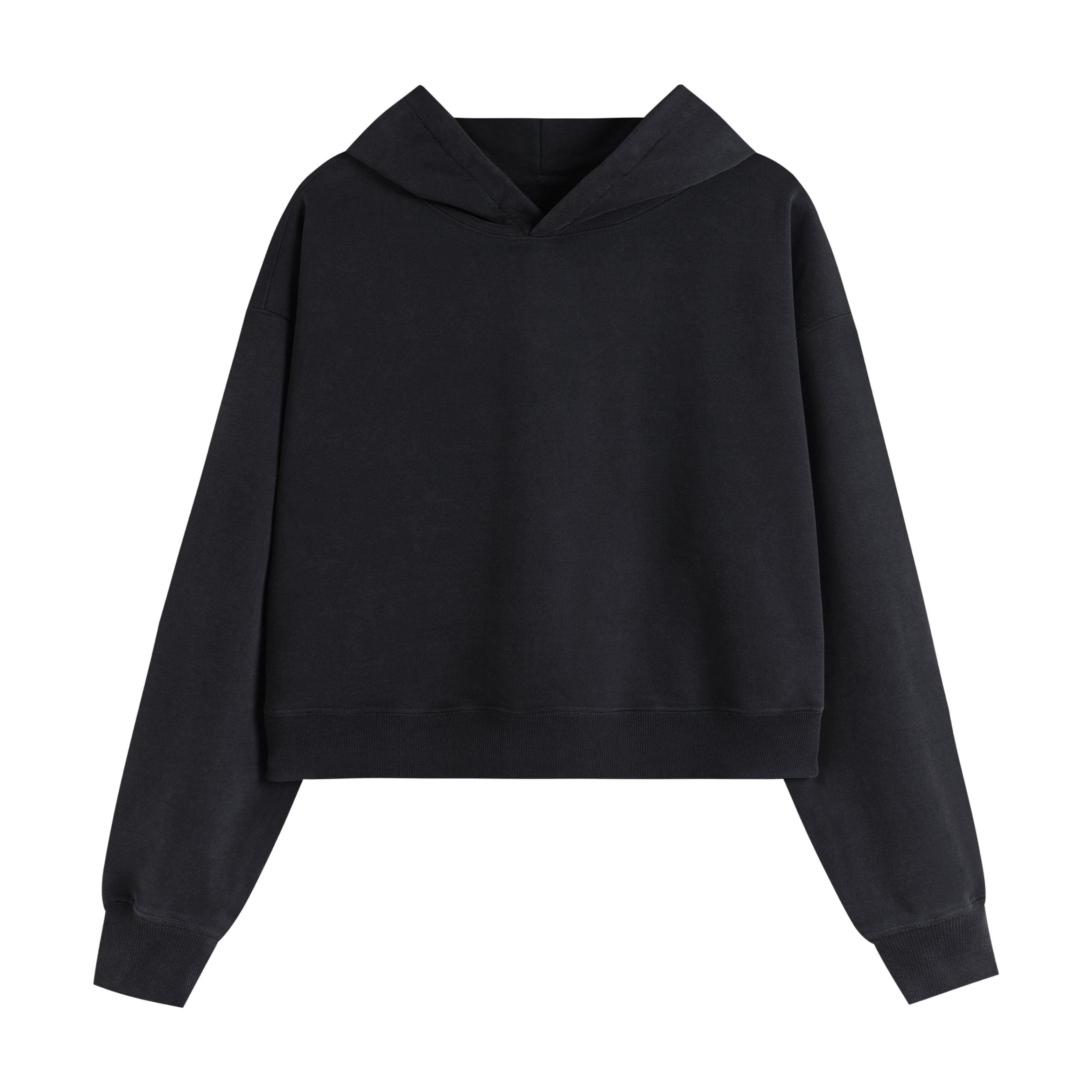 400GSM Women Washed Drop Shoulder Cropped Pullover Hoodie - Black - Front View
