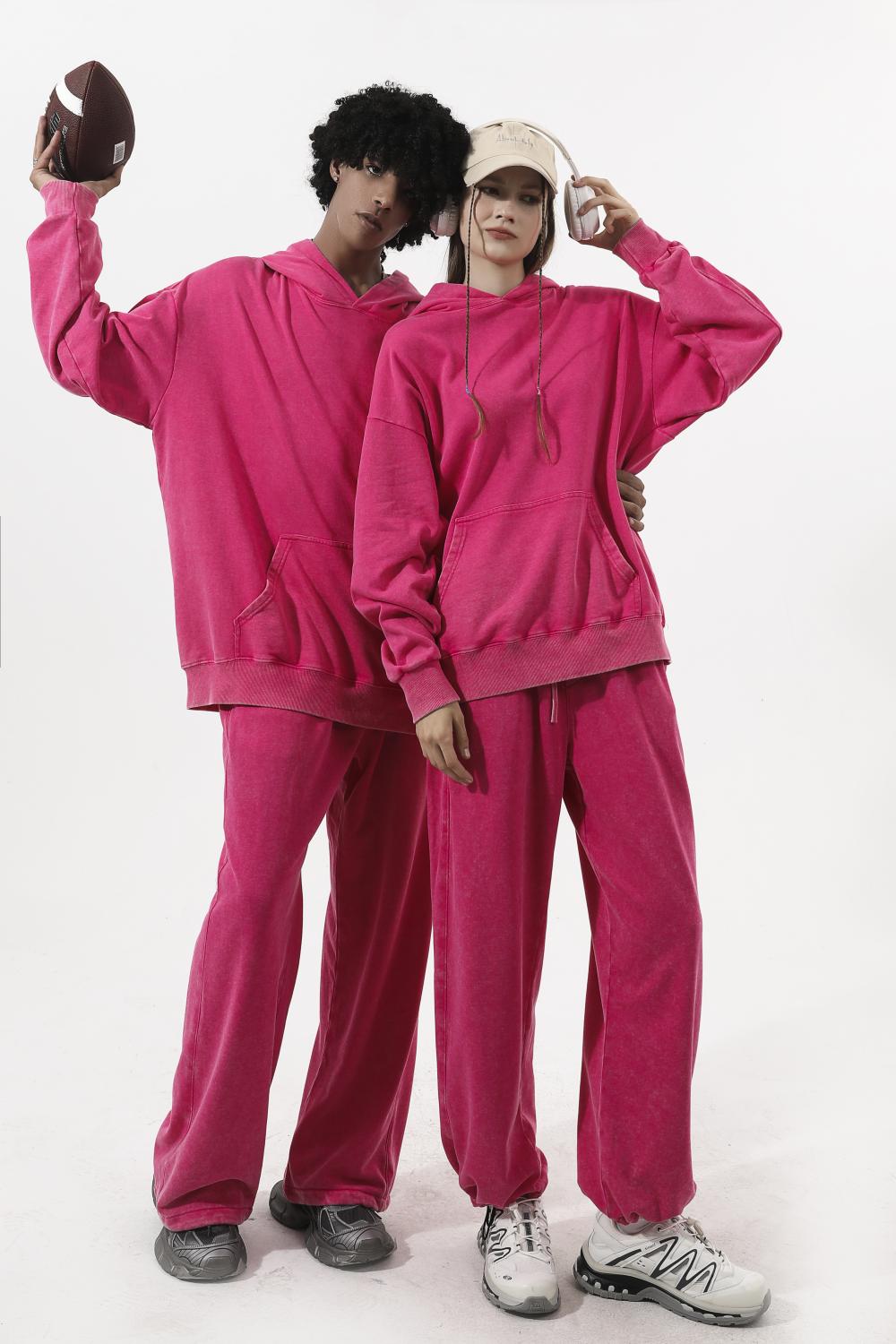 350GSM Snow Washed Pullover Hoodie - Pink - Model View
